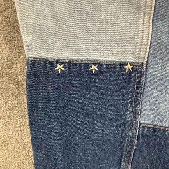 Vintage Patchwork Denim Maxi Skirt Womens 20W Star Stud Blue Front Slit Frayed - Picture 4 of 9